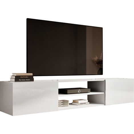Meuble TV Charlotte 164, Blanc + Blanc brillant, Le nombre de portes: 2, Nombre de tiroirs: 0, 200x37x40cm (1/4)