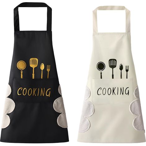 Lot de 2 tabliers de cuisine pour femme avec essuie-mains et grande poche - Tabliers étanches en PVC pour la cuisine, le ménage, le jardinage et le barbecue (1/5)
