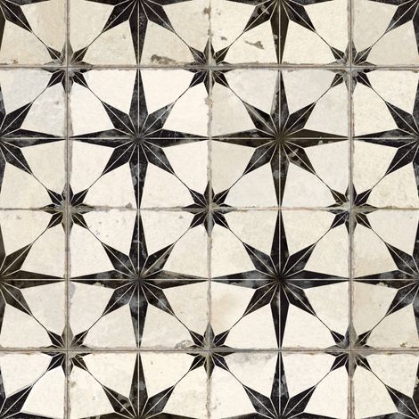Carrelage Vintage effet Carreau ciment 3D Etoile Noire et Fond Blanc 45x45x0,95 cm Sparta - Sol et mur intérieur (vendu par carton de 1 m²) - RO'MA CARRELAGE