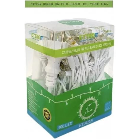 Catena luminosa 100 led luci di Natale 10 metri prolungabile da esterno ip65 balconi terrazze giardino  ET4110 - FILO BIANCO - LUCE VERDE (1/2)