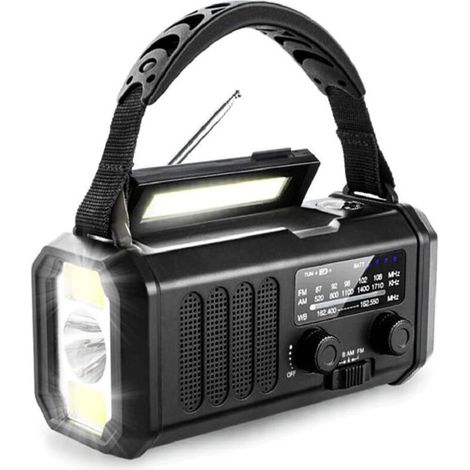 Radio météo d'urgence universelle 20 000 mAh à manivelle, alimentée par énergie solaire, AM FM, avec lampe torche et chargement USB (noir) (1/5)