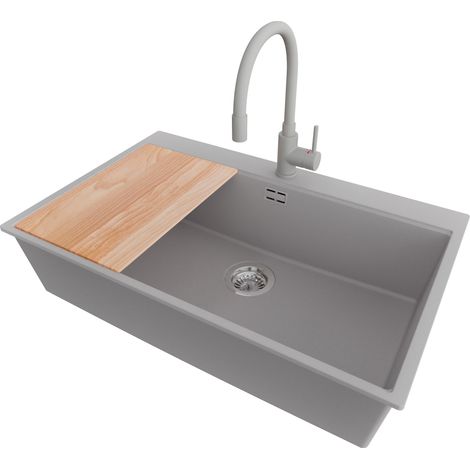 PRIMAGRAN Evier Cuisine en Granit 78x50cm,Lavabo 1 bac + Robinet 38x14cm + Kit de Vidage + Planche à Découper, Évier à Encastrer au meuble 80cm - Oslo, Gris (1/5)