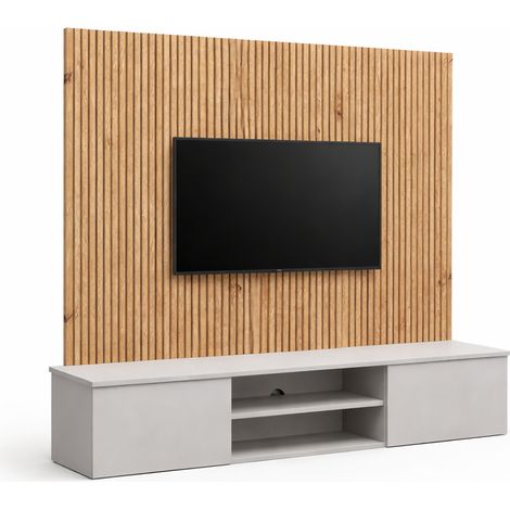 Parete attrezzata mobile tv moderno sospeso con pannello grigio e rovere