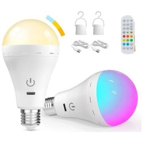 (2 Pack) Ampoule E27 Rechargeable USB avec Télécommande, RGB 10Températures de Couleur Ampoule LED Batterie Rechargeable Dimmable avec Fonction de Timing
