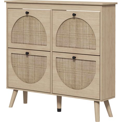 Schuhschrank mit 4 Türen, Platz für 20 Paar Schuhe, verstellbare Einlegeböden, Bohème-Stil, Beine aus Massivholz, 105 x 24 x 97,5 cm, Naturholz