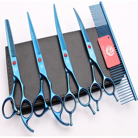 Set de soins pour chiens, 5 pièces, set de tondeuse professionnelle pour animaux de compagnie, soins en acier inoxydable, ciseaux à effiler, ciseaux courbes, peigne de soins, couleur 6,5 pouces