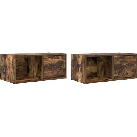 Lot de 2 meubles TV muraux compacts 60 x 31 x 25,5 cm avec grand espace de rangement design chêne fumé (1/5)