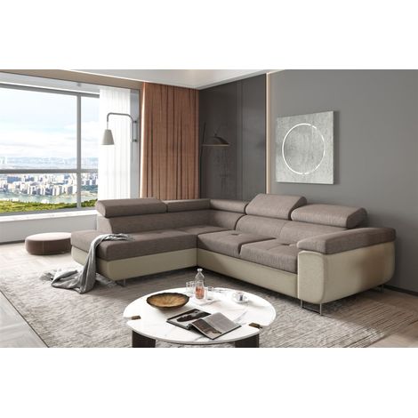 Ecksofa Sofa JADE Stoff Monolith Creme-Grau mit Schlaffunktion Ottomane Links (1/2)