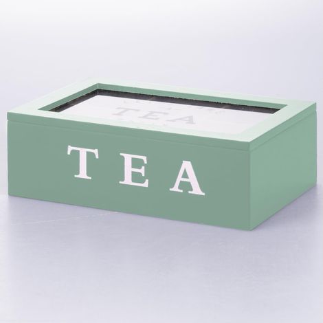 Scatola porta tè e tisane, 6 slot interni, colore verde salvia, Sibilla (1/4)