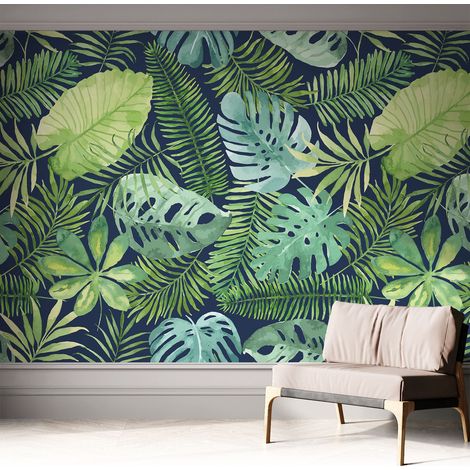 Papier peint adhésif décoratif pour salon chambre et cuisine Facile à poser avec colle Feuilles tropicales 312x219 cm (1/5)