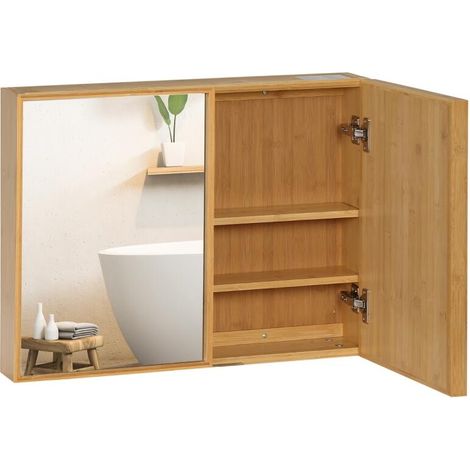 Armoire murale de salle de bain avec miroirs et 2 portes en bambou 65,2 x 14 x 50 cm