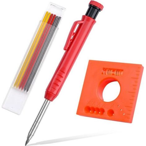 Set de Crayon de Charpentier Solide pour Construction avec 7 Recharges Taille-Crayon Intégré, Marqueur de Crayon Mécanique à Trou Profond à Long Nez pour Fête des Pères (Rouge)