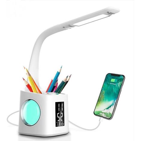 YIDOMDE Lampe de bureau LED Eye-Caring Lampe de Table D'šŠtude Port de charge USB Lumiššre de L'atmosphššre Nocturne avec Porte Stylo/šŠcran Heure/Calendrier (1/5)