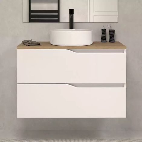 Meuble de salle de bain 80cm avec plateau miel et vasque à poser - sans miroir - 2 tiroirs - blanc - LUNA (1/5)