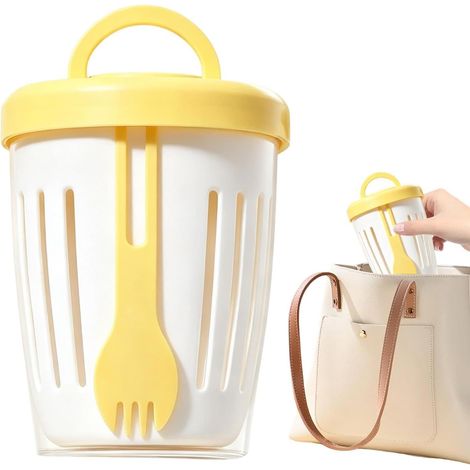 Saladier, pot à yaourt, réutilisable, couvercle hermétique pour égoutter, boîte à pique-nique avec fourchette, 10×11cm, pour égoutter les aliments, porte-collation 200-300 ml (jaune) (1/5)