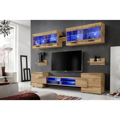 Ensemble de meubles RTV Foggia – Façade Wotan Mat – Largeur 230cm x Hauteur 195cm x Profondeur 35cm – Éclairage LED bleu pour salon (1/4)