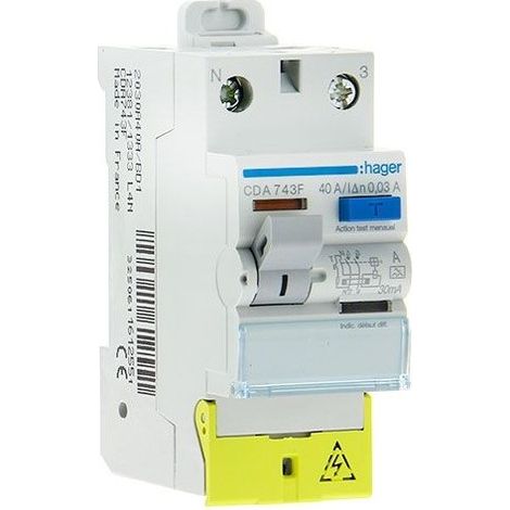 Hager – Interrupteur différentiel 2P 63A 30mA type A – Protection contre les courants de fuite – Installation sur rail DIN – Compatible avec disjoncteurs