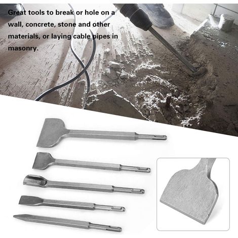 Jeu de 5 burins SDS Plus pour perceuse à percussion électrique, comprenant 5 burins SDS Plus en acier trempé de différentes qualités. (1/3)