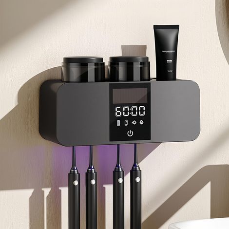 Porte-brosse à dents - Stérilisateur de brosse à dents UV avec séchage - Charge solaire et fonction de nettoyage automatique - Porte-brosse à dents mural sans perçage - Avec 4 emplacements (1/5)