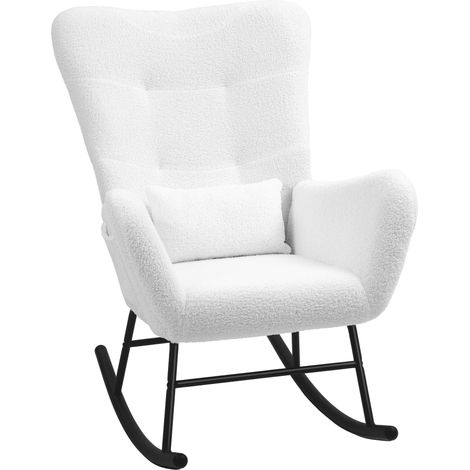 Fauteuil à bascule, fauteuil inclinable avec coussin lombaire et poche latérale, en tissu aspect peluche, avec accoudoirs, idéal pour le salon ou la chambre. Couleur : blanc.