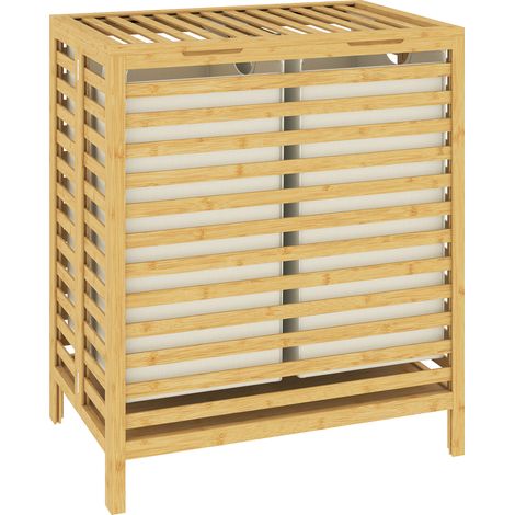 Panier à linge en bambou avec couvercle, 2 paniers, pliable, 64 L, naturel et blanc crème
