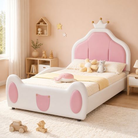 DESMIU Lit enfant 1 place avec tête couronne et design bicolore, 90 × 200 cm, sans matelas, blanc et rose (1/5)
