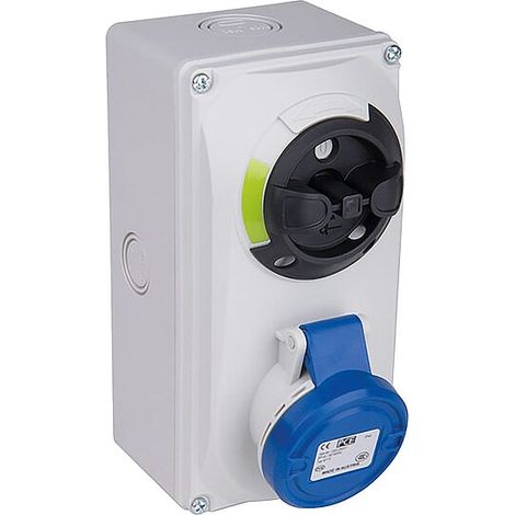 CEE-Wandsteckdose 16A, 3-polig, 230V Abschaltbar mit Verriegelung IP44 - Schraubanschluss - blau/grau