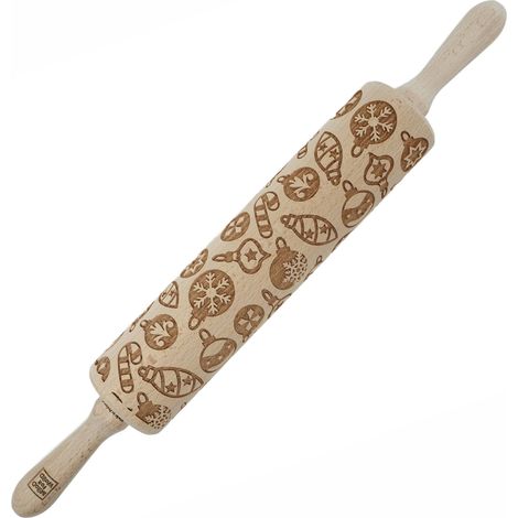 Mattarello in legno MoodForWood, inciso, 43 cm con manici, perfetto per la cottura al forno - Motivo decorazioni per albero di Natale (1/5)