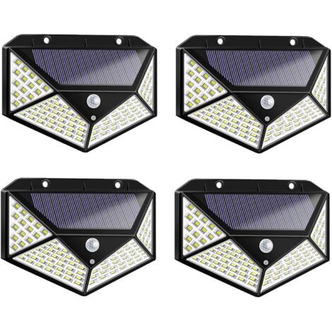 4 lampes solaires extérieures 100 LED, éclairage mural sans fil à 270° , solaires de jardin étanches à l'eau avec détecteur de mouvement avec 3 modes de détection, facile à installer,blanche froide