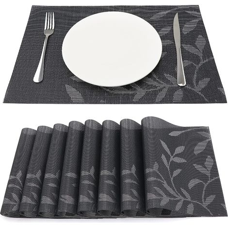 Set di 8 tovagliette in vinile resistenti al calore, tovagliette intrecciate per cucina 45 cm 30 cm, foglie scure (1/5)