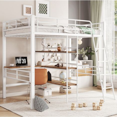 Letto a soppalco 90x200 cm in metallo bianco con scrivania, ripiani multipli, scala e sponde (1/5)