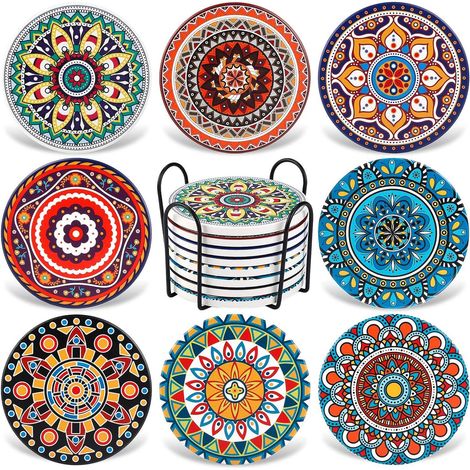 8 Dessous de Verre absorbants avec Support en métal, Motif Portugais pour Table Basse, Excellent Cadeau de Pendaison de crémaillère，Style aléatoire