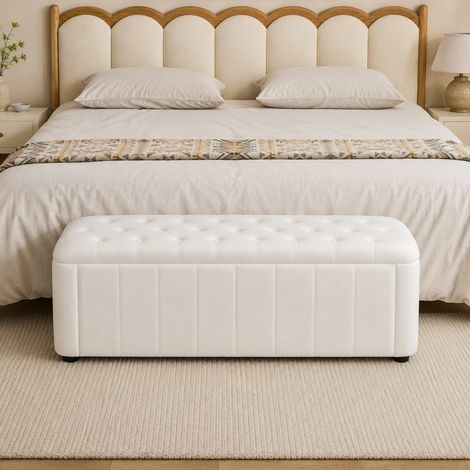 Panca contenitore imbottita in velluto beige 132 x 47 x 24 cm (1/5)