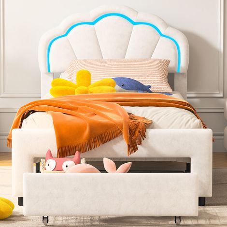 Letto singolo 90x200 cm, letto per bambini, con illuminazione a LED, 1 cassetto, testiera a petalo, velluto, rete a doghe, letto principessa - Bianco