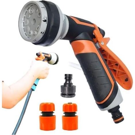 Gartensprühdüse, Bewässerungsdüse – Wassersprüher mit rutschfestem Griff. Hochdrucksprüher mit einstellbaren Parametern, inklusive Aufsatz. Wasserpistole + Anschlussset. (1/5)