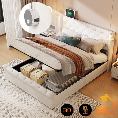 Bett mit Stauraum 160x200 cm, mit 2 Leselampen, Stauraum, USB-Ladeanschluss, klassisch, Lattenrost aus Holz, Metallrahmen, Polsterbett Erwachsenenbett aus Samt - Beige