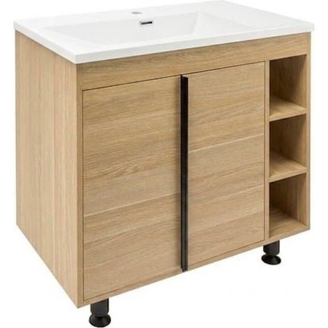 Meuble de salle de bains sur pied avec vasque mat blanche - Naturel - Lucca - 79x70x45 cm - Chêne