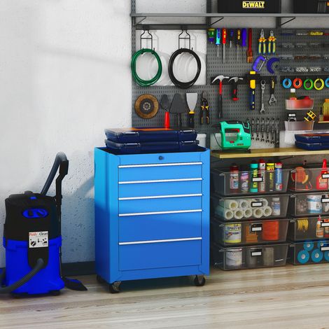 Carro de Herramientas para Taller con Ruedas 5 Cajones Armario con Cierre y Asa Lateral 61,5x33x82,5 cm Azul (1/5)