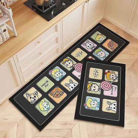 Lot de 2 tapis absorbants pour la cuisine, la salle de bain et autres espaces de rangement. Motif dessin animé, antidérapants et à séchage rapide. Couleur : Candy World (noir). (1/4)