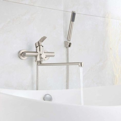 Robinet de baignoire avec douchette ronde mitigeur mural en acier inoxydable brossé robinet de douche pour salle de bain (1/5)