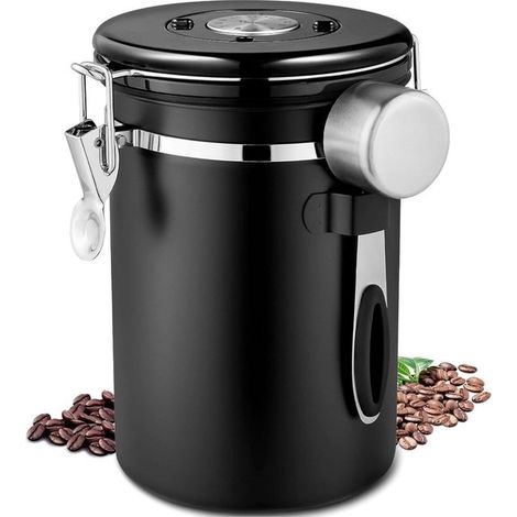 Lata de café de acero inoxidable, hermética, con cuchara de acero inoxidable, 750 g/1,8 l, para granos de café, café molido, color negro (1/5)