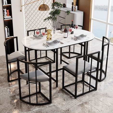 Essgarnituren-Set mit 6 Stühlen – zeitgenössischer Luxus, 1 Tische und 6 Stühle, weißer MDF-Tisch und Stühle und goldenes Eisengestell, 140 cm – Schwarz (1/5)