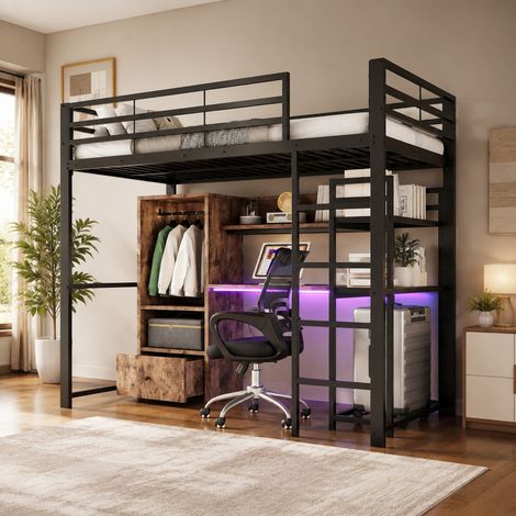 Cama alta 90x200 cm con escritorio, cajón, estantes y LED, metal y MDF negro (1/5)