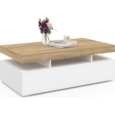 Idmarket – Table basse rectangulaire 100 cm – 2 tiroirs en panneaux de particules – Plateau bois blanc et hêtre – Style moderne et scandinave