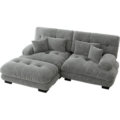 Canapé d'angle modulable en tissu gris, style cloud, avec ottomans mobiles, grands accoudoirs arrondis, 2 coussins lombaires et 2 coussins déco - CHICFURN (1/5)