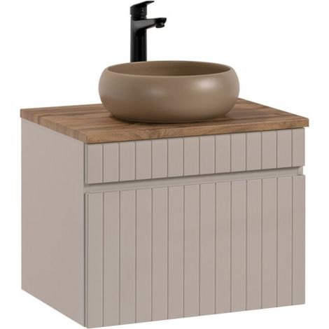 ICON-Set: Waschtischunterschrank 60cm Kaschmir + Holzoptik-Arbeitsplatte + aufsatzrunde Waschbecken