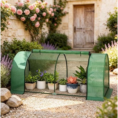 Mini-serre tunnel de jardin avec porte enroulable 200 x 100 x 80 cm acier et PE vert foncé (1/5)