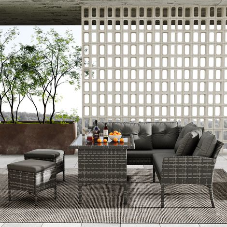 Garten-Lounge-Set für 7 Personen aus PE-Rattan und Stahl in Grau, mit Tisch aus gehärtetem Glas, Sofas, Hockern und Kissen (1/5)