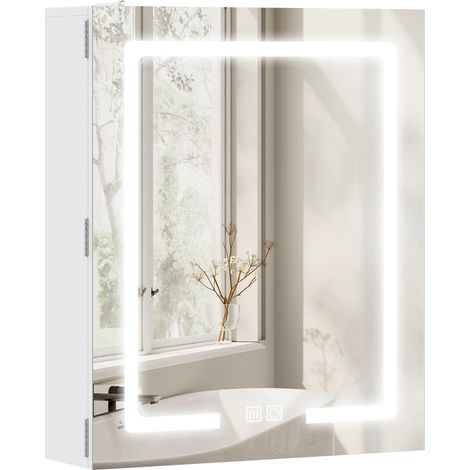 Armoire murale salle de bain avec miroir et éclairage LED, anti-buée, étagères réglables, 50 x 15 x 60 cm, blanc (1/5)