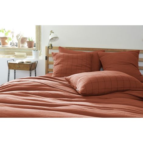 Taie d'oreiller Tissé-teint grands carreaux Déco "Gaïa Match" 60 x 60 cm & 50 x 70 cm "Gaze de Coton" - Gaïa Match Terracotta - 60 x 60 cm - Gaïa Match Terracotta - (1/3)